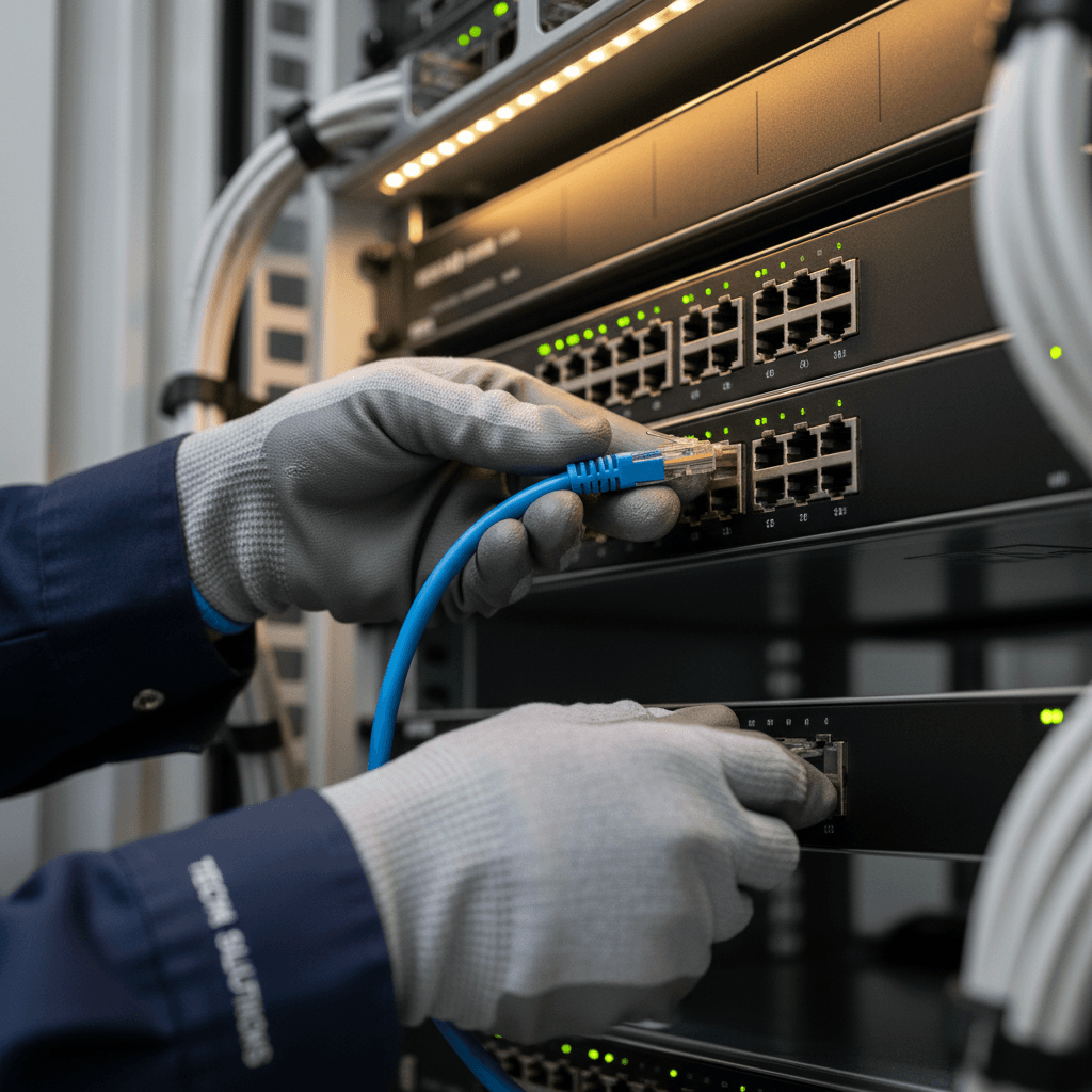 Technician's hands carefully connecting network patch cable into server port with precision
