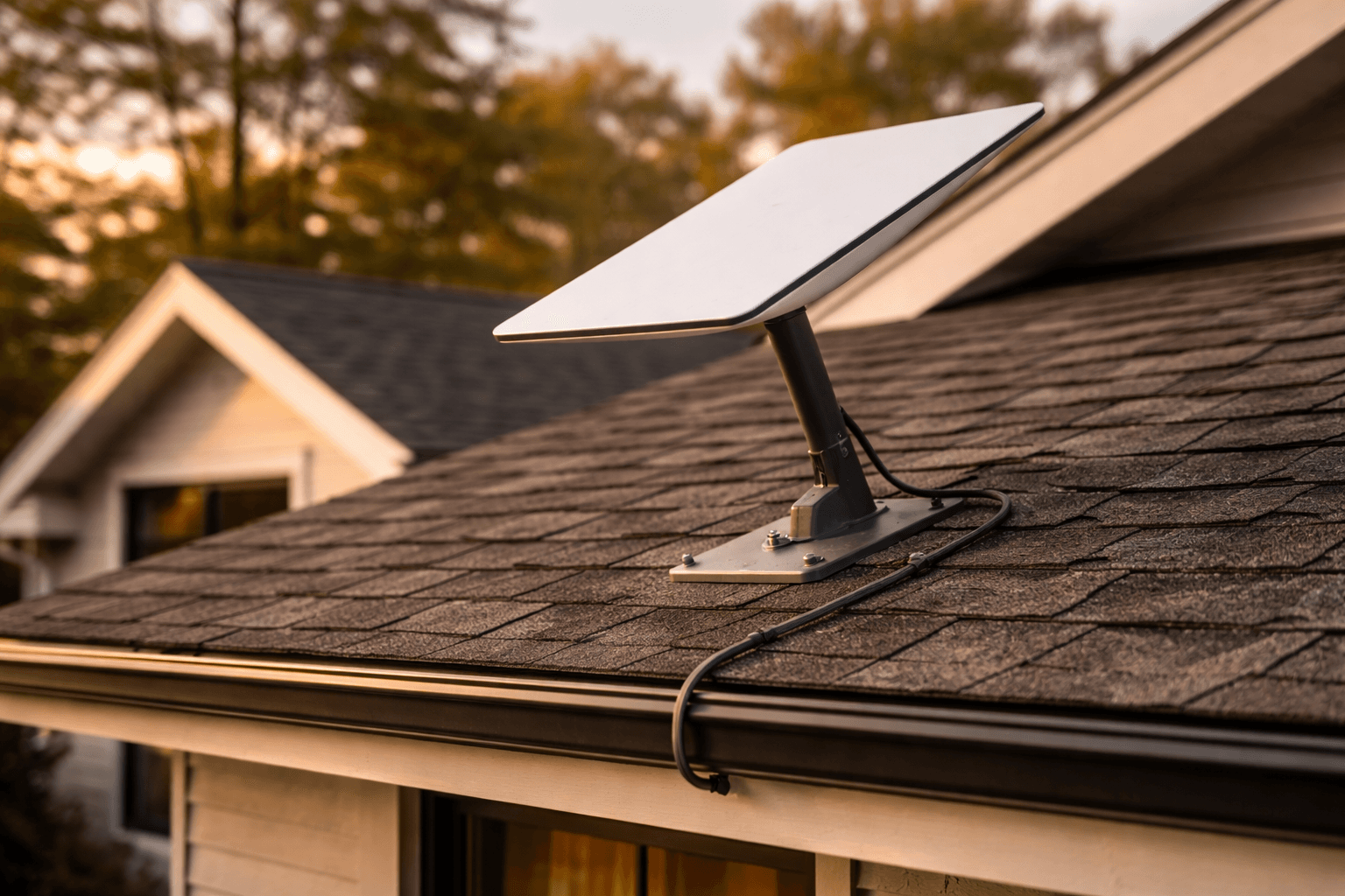 Rectangular white satellite dish mounted on a shingled house roof during a golden sunset.
